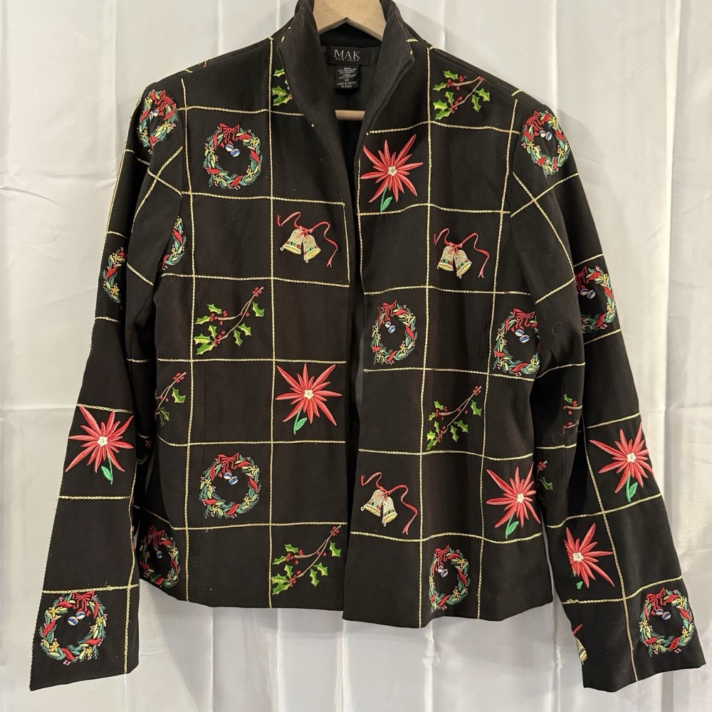 Vintage MAK Womens 14 L Christmas Jacket Blazer Embroidered Grandma Holiday‎